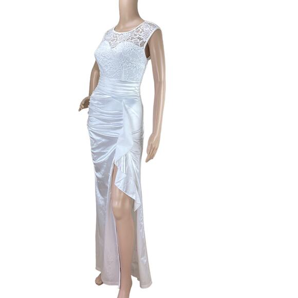 New Vfshow White Lace Pleated Ruched Ruffle High Slit Formal Prom Maxi Dress XS - Picture 3 of 10